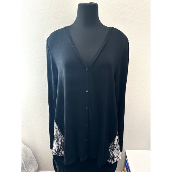 LORI GOLDSTEIN | Black Knit V-neck Button Front Mixed Media Cardigan | XL - Picture 2 of 5